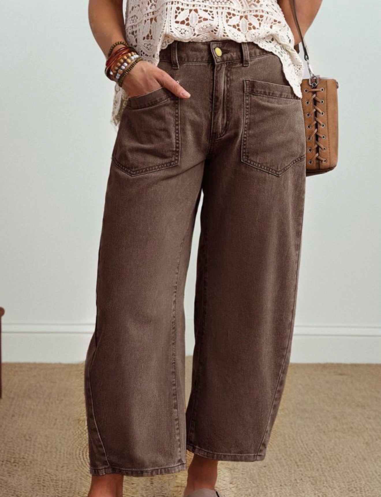 Brown Wide-Leg Barrel Jeans