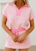 Pink Striped Polo Two Piece Set